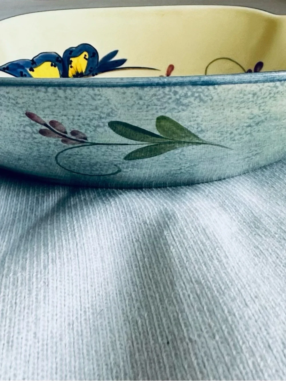 Laurie Gates Hand-Painted Floral Ceramic Dish in Cream with Pink & Blue Flowers